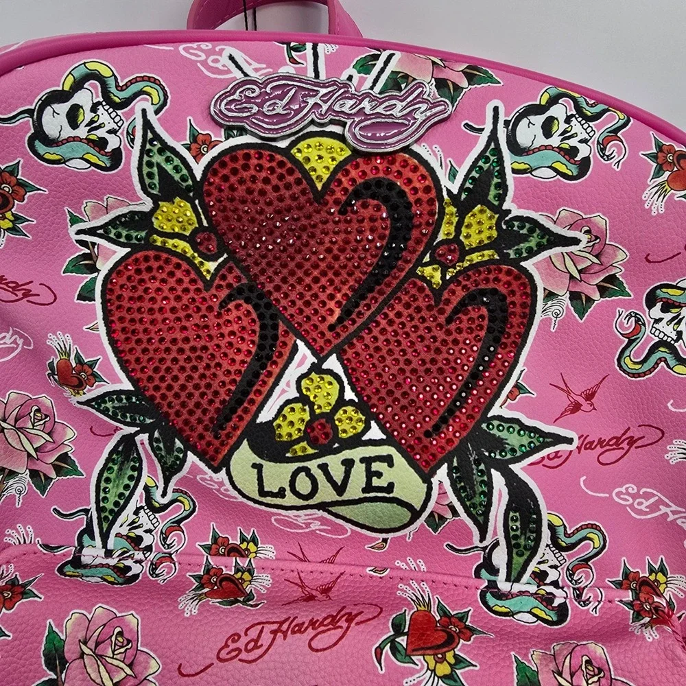 Ed Hardy Pink Multi Rhinestone Heart Tattoo Print Vegan Leather Backpack EHH436